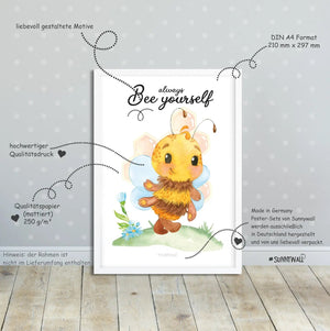 Poster Bienen Kinderzimmer 3er Set mit englischen Sprüchen und Aquarell Bienen - Sunnywall - Individualität trifft Design
