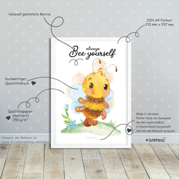 Poster Bienen Kinderzimmer 3er Set mit englischen Sprüchen und Aquarell Bienen - Sunnywall - Individualität trifft Design