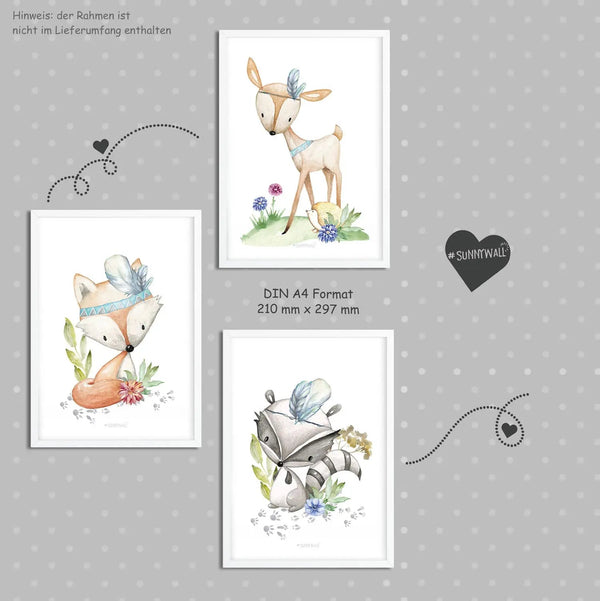 Poster Boho Waldtiere 3er Set Fuchs Reh Dachs Kinderzimmer Aquarell Deko - Sunnywall - Individualität trifft Design