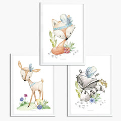 Poster Boho Waldtiere 3er Set Fuchs Reh Dachs Kinderzimmer Aquarell Deko - Sunnywall - Individualität trifft Design