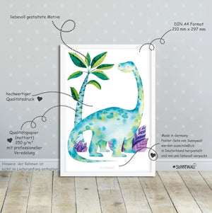 Poster Dinosaurier Kinderzimmer 3er Set T-Rex Brachiosaurus Triceratops bunt - Sunnywall - Individualität trifft Design