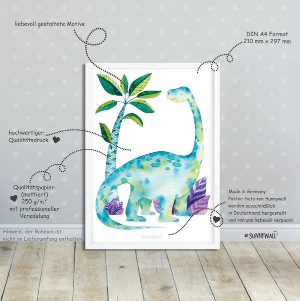 Poster Dinosaurier Kinderzimmer 3er Set T-Rex Brachiosaurus Triceratops bunt - Sunnywall - Individualität trifft Design