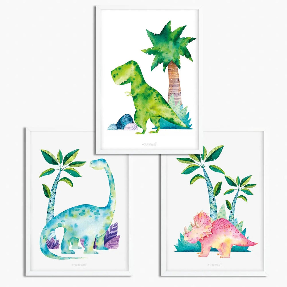 Poster Dinosaurier Kinderzimmer 3er Set T-Rex Brachiosaurus Triceratops bunt - Sunnywall - Individualität trifft Design