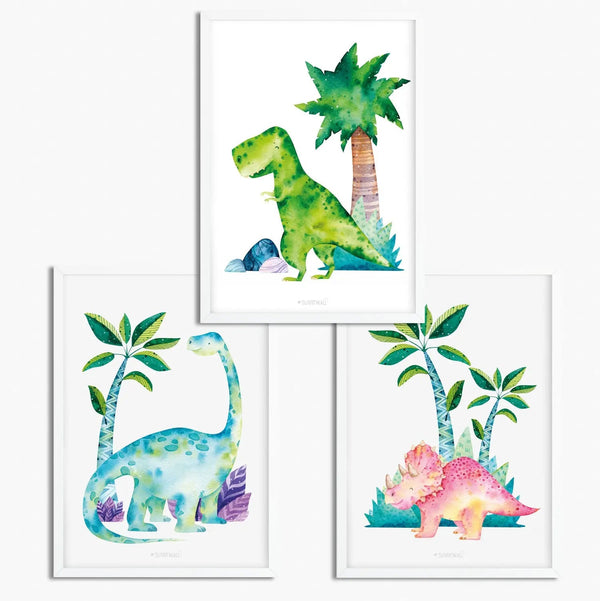 Poster Dinosaurier Kinderzimmer 3er Set T-Rex Brachiosaurus Triceratops bunt - Sunnywall - Individualität trifft Design