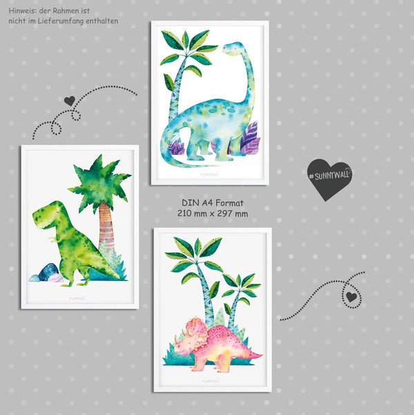 Poster Dinosaurier Kinderzimmer 3er Set T-Rex Brachiosaurus Triceratops bunt - Sunnywall - Individualität trifft Design