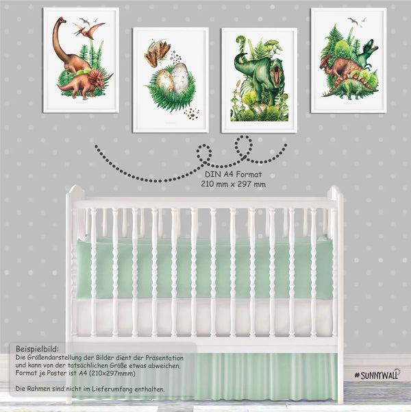 Poster Dinosaurier Kinderzimmer 4er Set mit T-Rex Triceratops & Dschungel Deko - Sunnywall - Individualität trifft Design
