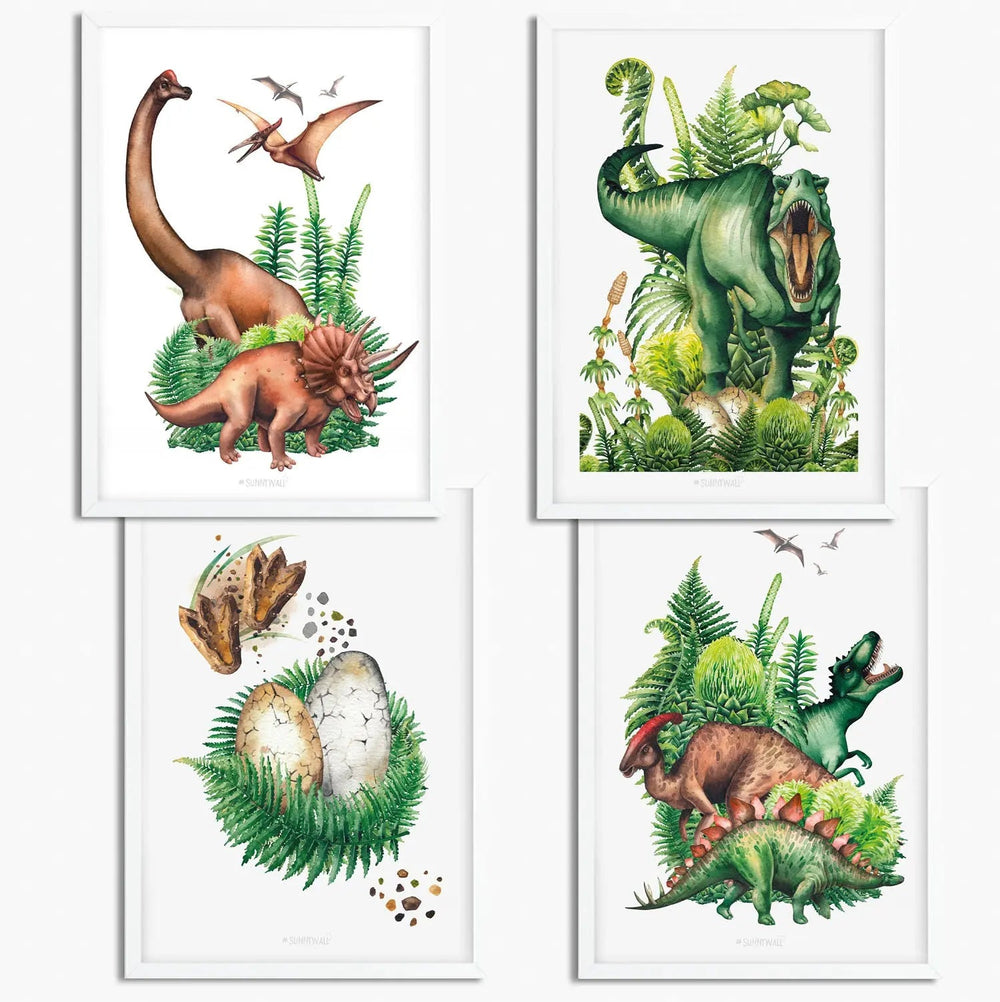 Poster Dinosaurier Kinderzimmer 4er Set mit T-Rex Triceratops & Dschungel Deko - Sunnywall - Individualität trifft Design