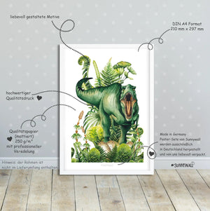 Poster Dinosaurier Kinderzimmer 4er Set mit T-Rex Triceratops & Dschungel Deko - Sunnywall - Individualität trifft Design