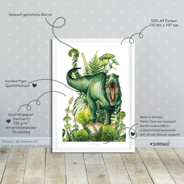 Poster Dinosaurier Kinderzimmer 4er Set mit T-Rex Triceratops & Dschungel Deko - Sunnywall - Individualität trifft Design