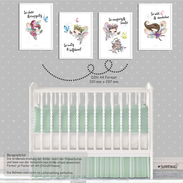 Poster Feen Kinderzimmer 4er Set mit Spruch Glitzer Feen Wanddeko Mädchen - Sunnywall - Individualität trifft Design