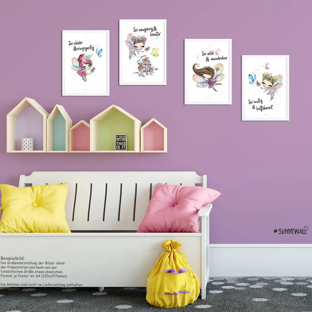 Poster Feen Kinderzimmer 4er Set mit Spruch Glitzer Feen Wanddeko Mädchen - Sunnywall - Individualität trifft Design