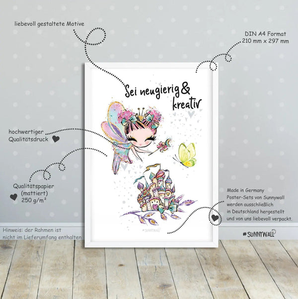 Poster Feen Kinderzimmer 4er Set mit Spruch Glitzer Feen Wanddeko Mädchen - Sunnywall - Individualität trifft Design