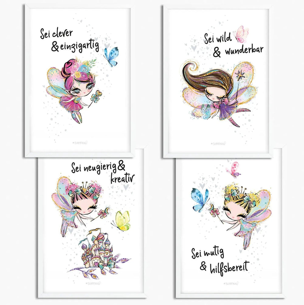 Poster Feen Kinderzimmer 4er Set mit Spruch Glitzer Feen Wanddeko Mädchen - Sunnywall - Individualität trifft Design