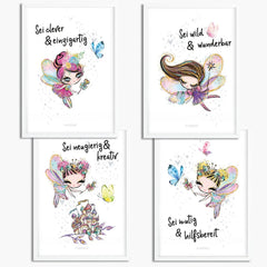 Poster Feen Kinderzimmer 4er Set mit Spruch Glitzer Feen Wanddeko Mädchen - Sunnywall - Individualität trifft Design