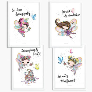 Poster Feen Kinderzimmer 4er Set mit Spruch Glitzer Feen Wanddeko Mädchen - Sunnywall - Individualität trifft Design