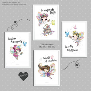 Poster Feen Kinderzimmer 4er Set mit Spruch Glitzer Feen Wanddeko Mädchen - Sunnywall - Individualität trifft Design