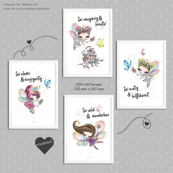 Poster Feen Kinderzimmer 4er Set mit Spruch Glitzer Feen Wanddeko Mädchen - Sunnywall - Individualität trifft Design