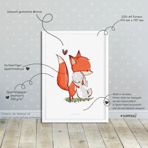 Poster Fuchs Hase Reh 3er Set Waldtiere mit Herz Kinderzimmer Aquarell Deko - Sunnywall - Individualität trifft Design