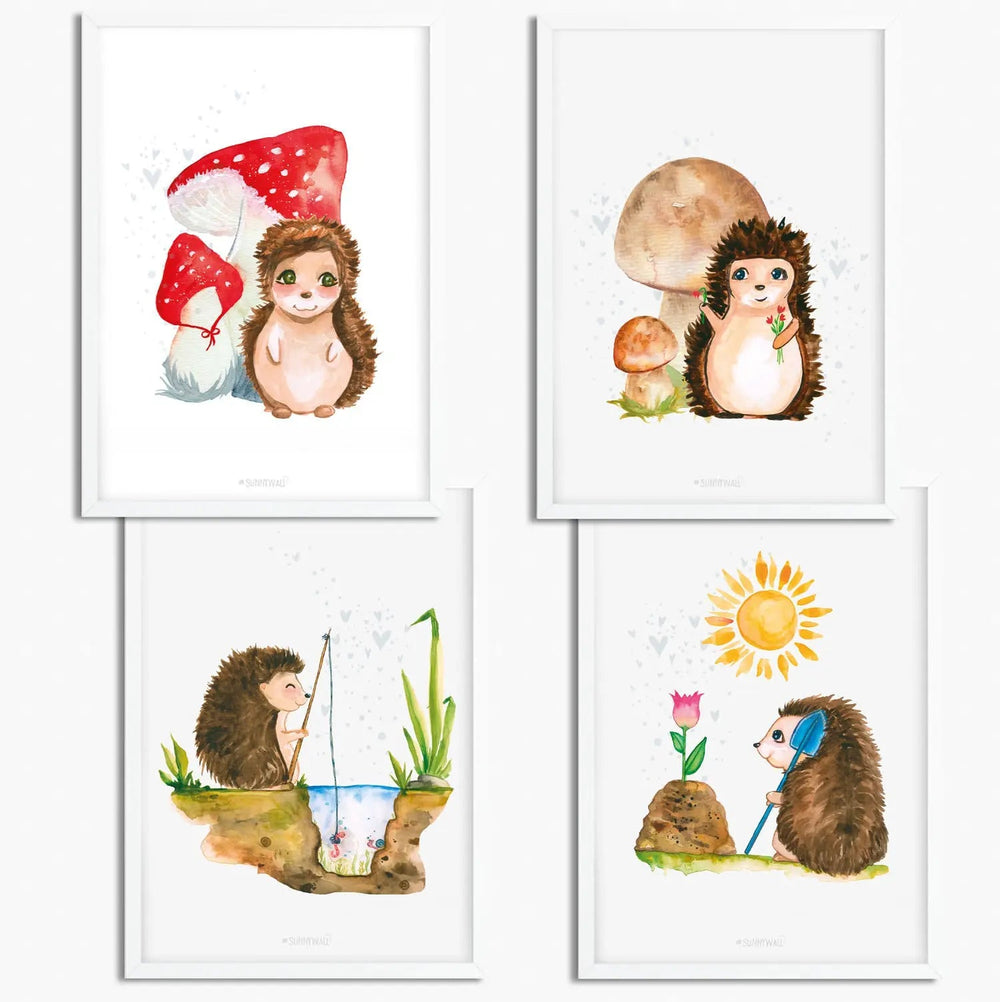 Poster Igel Kinderzimmer 4er Set mit Pilzen Blumen Angeln Garten Aquarell - Sunnywall - Individualität trifft Design