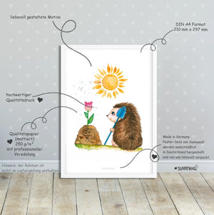 Poster Igel Kinderzimmer 4er Set mit Pilzen Blumen Angeln Garten Aquarell - Sunnywall - Individualität trifft Design