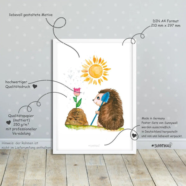 Poster Igel Kinderzimmer 4er Set mit Pilzen Blumen Angeln Garten Aquarell - Sunnywall - Individualität trifft Design