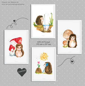Poster Igel Kinderzimmer 4er Set mit Pilzen Blumen Angeln Garten Aquarell - Sunnywall - Individualität trifft Design