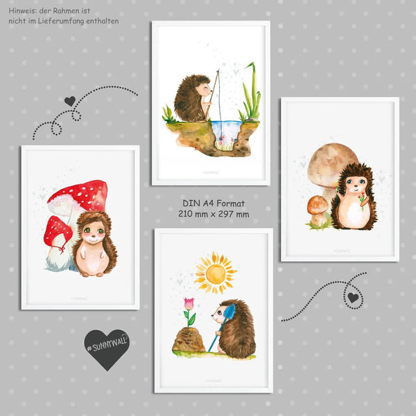 Poster Igel Kinderzimmer 4er Set mit Pilzen Blumen Angeln Garten Aquarell - Sunnywall - Individualität trifft Design