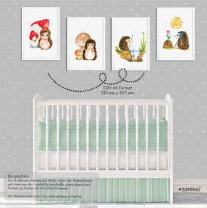 Poster Igel Kinderzimmer 4er Set mit Pilzen Blumen Angeln Garten Aquarell - Sunnywall - Individualität trifft Design