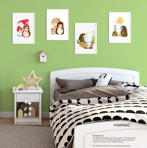 Poster Igel Kinderzimmer 4er Set mit Pilzen Blumen Angeln Garten Aquarell - Sunnywall - Individualität trifft Design