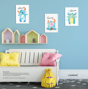 Poster Kinderzimmer Monster 3er Set Krümelmonster Kuschelmonster Plantschmonster - Sunnywall - Individualität trifft Design