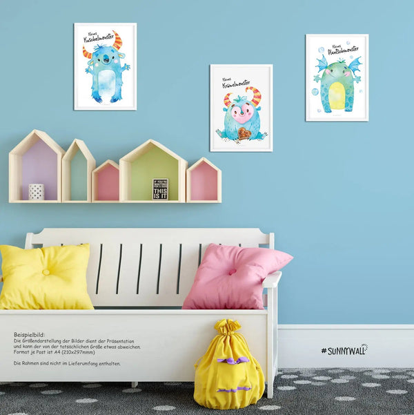 Poster Kinderzimmer Monster 3er Set Krümelmonster Kuschelmonster Plantschmonster - Sunnywall - Individualität trifft Design
