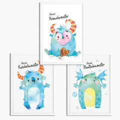 Poster Kinderzimmer Monster 3er Set Krümelmonster Kuschelmonster Plantschmonster - Sunnywall - Individualität trifft Design