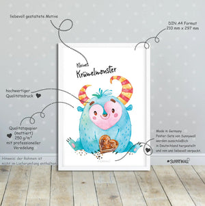 Poster Kinderzimmer Monster 3er Set Krümelmonster Kuschelmonster Plantschmonster - Sunnywall - Individualität trifft Design