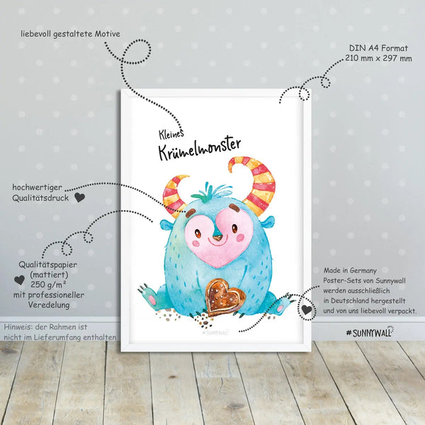 Poster Kinderzimmer Monster 3er Set Krümelmonster Kuschelmonster Plantschmonster - Sunnywall - Individualität trifft Design