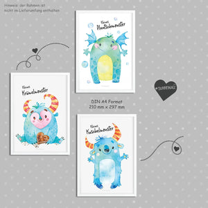 Poster Kinderzimmer Monster 3er Set Krümelmonster Kuschelmonster Plantschmonster - Sunnywall - Individualität trifft Design