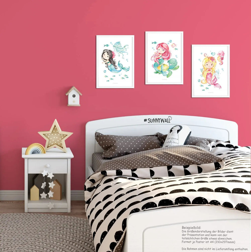 Poster Meerjungfrau Kinderzimmer 3er Set mit Meerestieren Aquarell Deko - Sunnywall - Individualität trifft Design