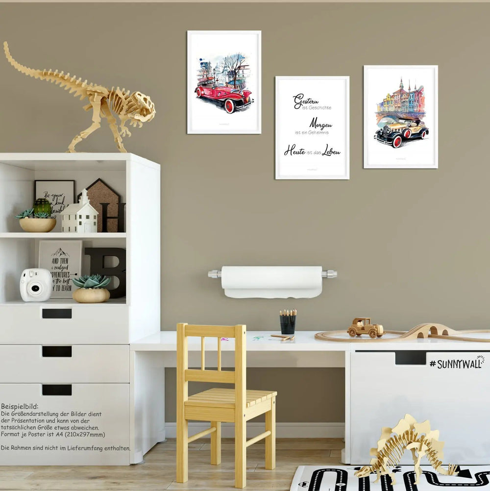Poster Oldtimer Spruch 3er Set mit Aquarell Autos und Zitat Heute ist das Leben - Sunnywall - Individualität trifft Design