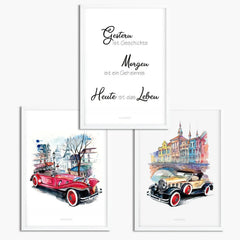 Poster Oldtimer Spruch 3er Set mit Aquarell Autos und Zitat Heute ist das Leben - Sunnywall - Individualität trifft Design