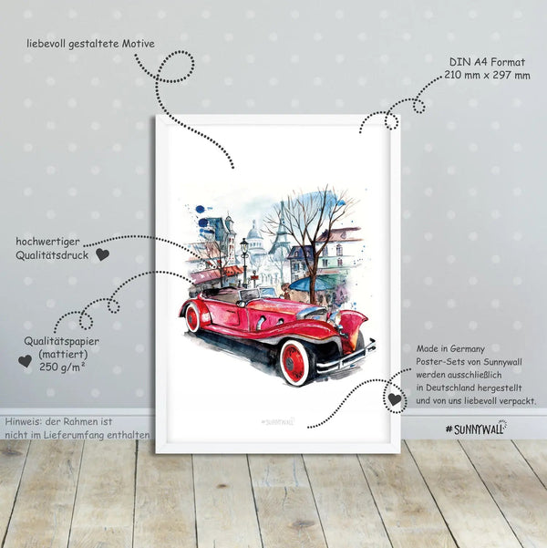 Poster Oldtimer Spruch 3er Set mit Aquarell Autos und Zitat Heute ist das Leben - Sunnywall - Individualität trifft Design