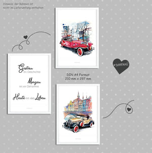 Poster Oldtimer Spruch 3er Set mit Aquarell Autos und Zitat Heute ist das Leben - Sunnywall - Individualität trifft Design