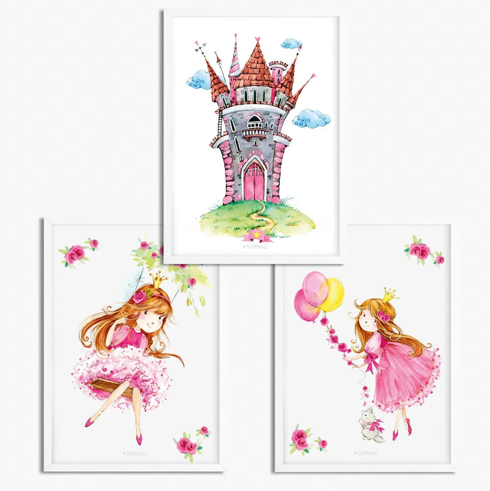 Poster Prinzessin Schloss 3er Set mit Fee Ballons Schaukel Kinderzimmer Deko - Sunnywall - Individualität trifft Design