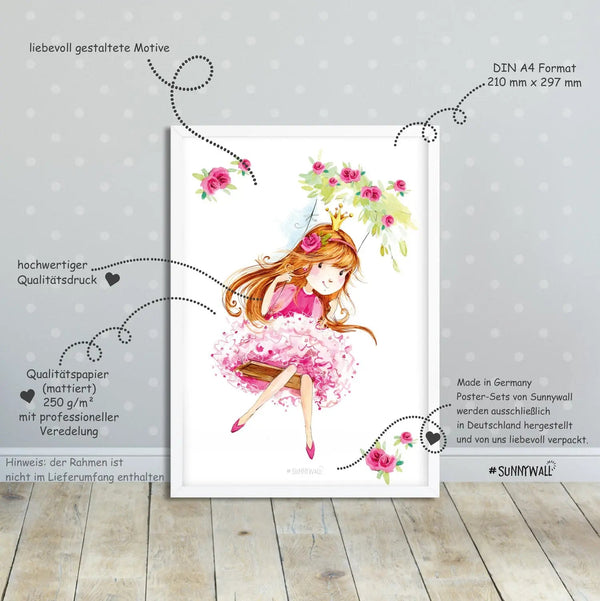 Poster Prinzessin Schloss 3er Set mit Fee Ballons Schaukel Kinderzimmer Deko - Sunnywall - Individualität trifft Design