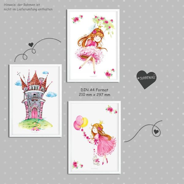 Poster Prinzessin Schloss 3er Set mit Fee Ballons Schaukel Kinderzimmer Deko - Sunnywall - Individualität trifft Design