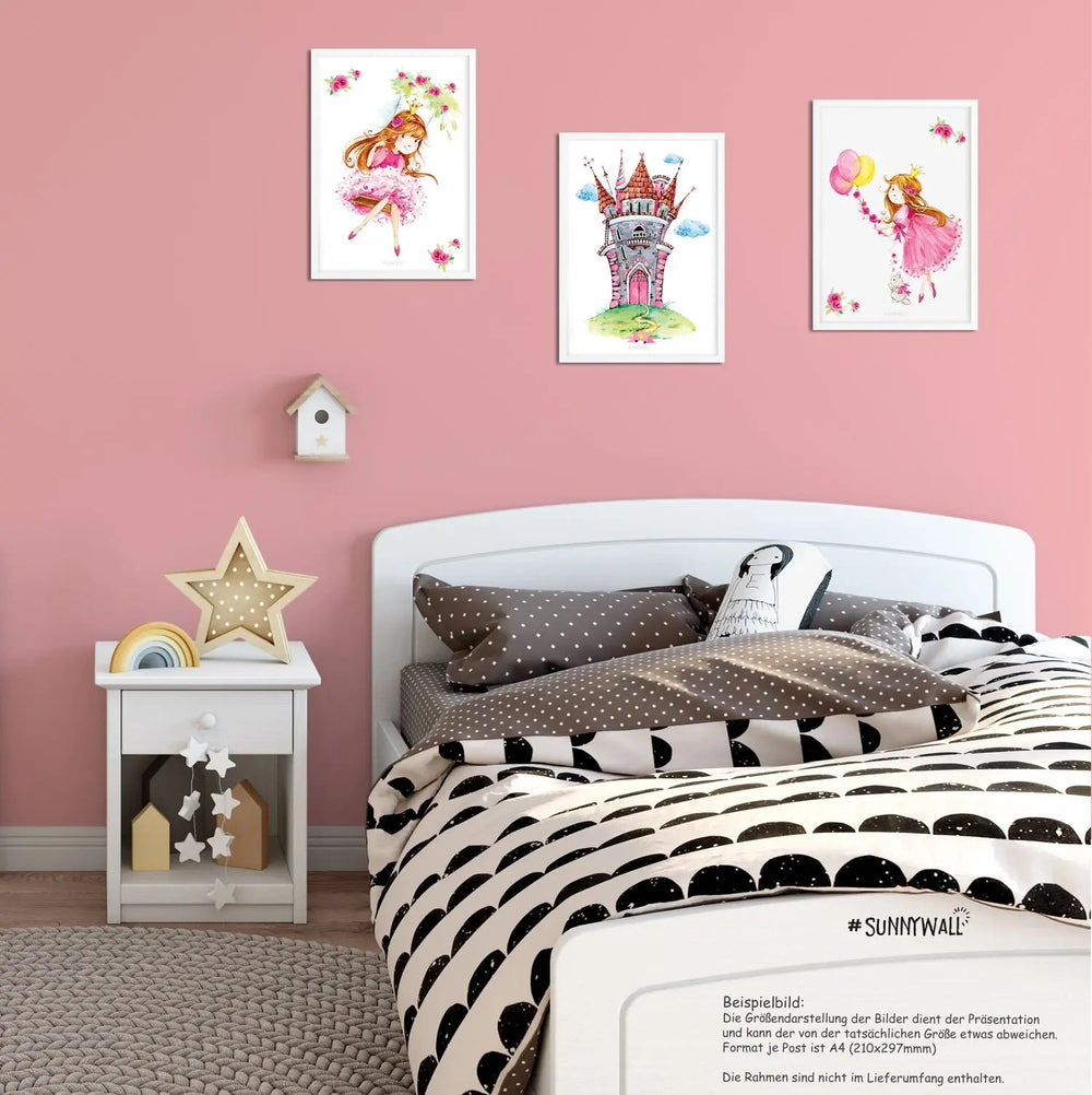 Poster Prinzessin Schloss 3er Set mit Fee Ballons Schaukel Kinderzimmer Deko - Sunnywall - Individualität trifft Design