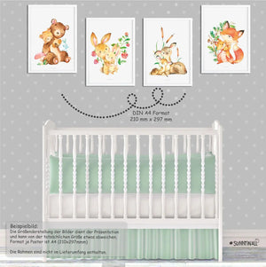 Poster Waldtiere Baby 4er Set Bär Reh Fuchs Hase mit Tierbabys Aquarell - Sunnywall - Individualität trifft Design