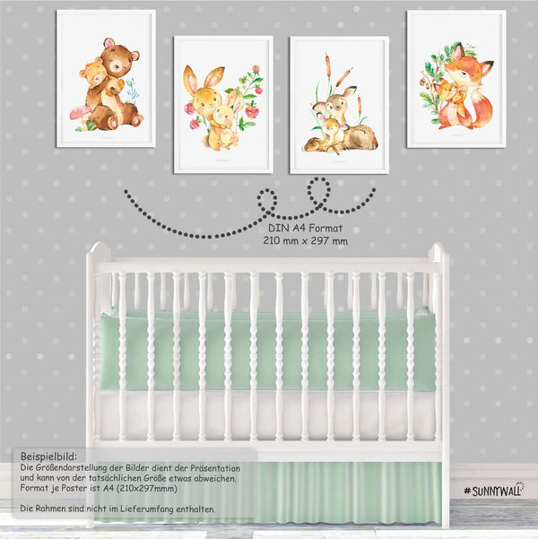 Poster Waldtiere Baby 4er Set Bär Reh Fuchs Hase mit Tierbabys Aquarell - Sunnywall - Individualität trifft Design