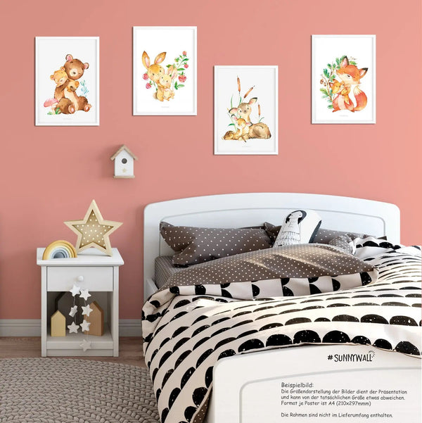 Poster Waldtiere Baby 4er Set Bär Reh Fuchs Hase mit Tierbabys Aquarell - Sunnywall - Individualität trifft Design