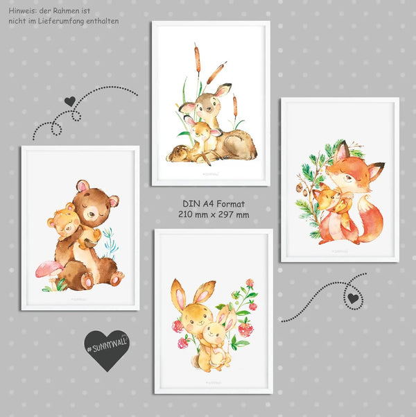 Poster Waldtiere Baby 4er Set Bär Reh Fuchs Hase mit Tierbabys Aquarell - Sunnywall - Individualität trifft Design