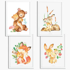 Poster Waldtiere Baby 4er Set Bär Reh Fuchs Hase mit Tierbabys Aquarell - Sunnywall - Individualität trifft Design