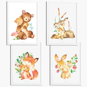 Poster Waldtiere Baby 4er Set Bär Reh Fuchs Hase mit Tierbabys Aquarell - Sunnywall - Individualität trifft Design